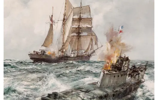 Painting of a submarine under attack in rough seas with a large sailing ship in the background