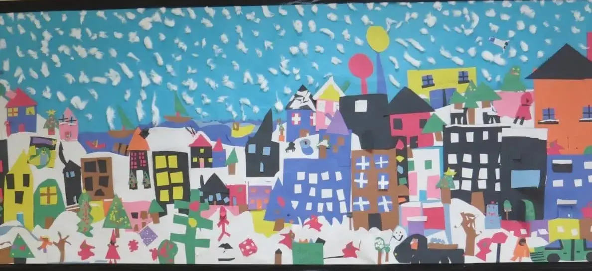 Students and parents viewing The Snowy Day mural