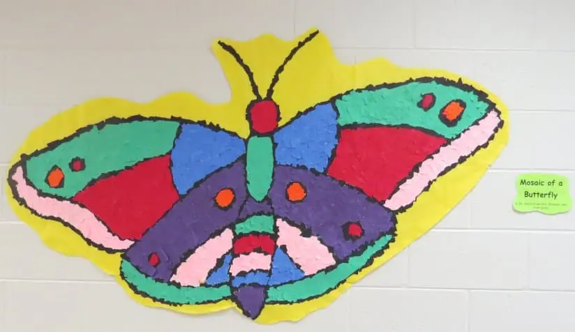 Butterfly mosaic bulletin board created by kindergarteners