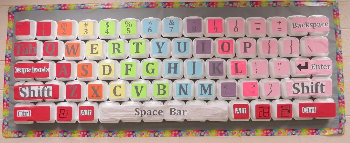 Keyboard bulletin board in computer lab made from styrofoam containers