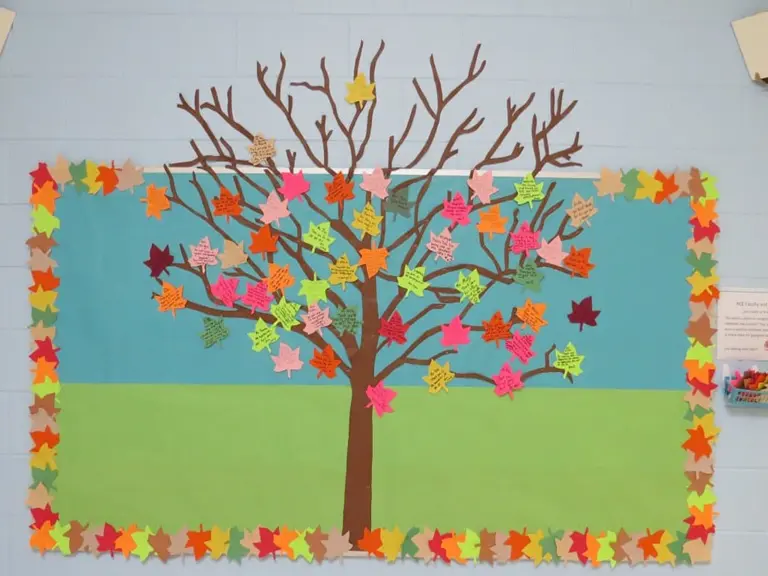 Random Acts of Kindness fall bulletin board with leaves