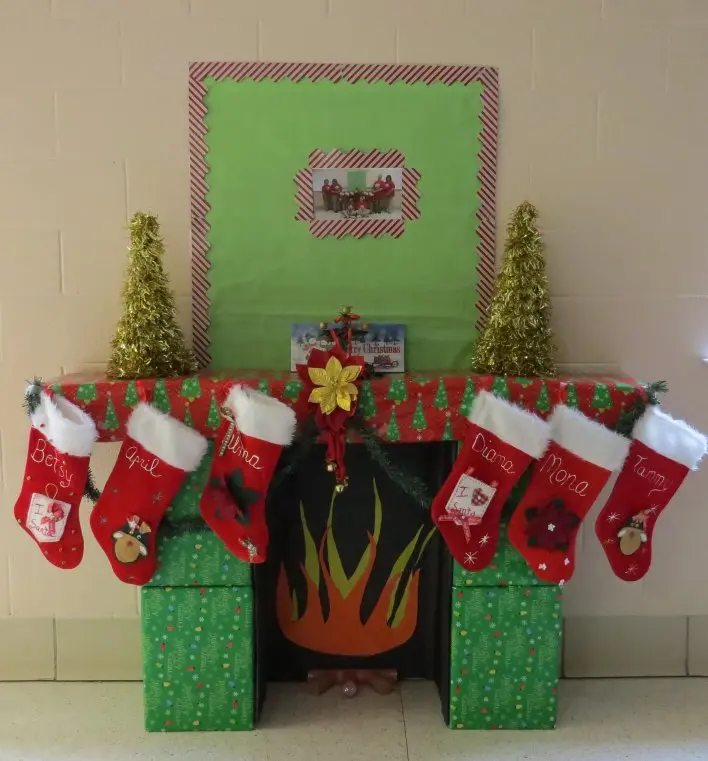 Fireplace with stockings created from gift-wrapped boxes