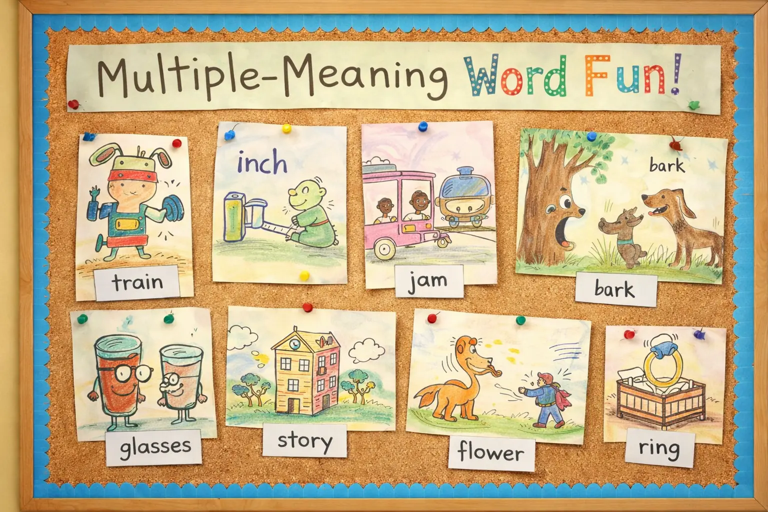Multiple-Meaning Words Bulletin Board display of student illustrations