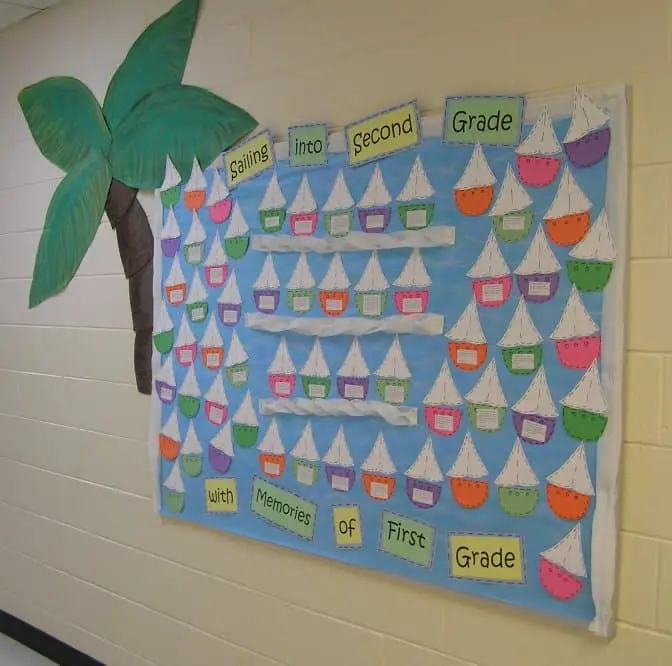 Sailing into Second Grade bulletin board with colorful sailboats carrying student memories