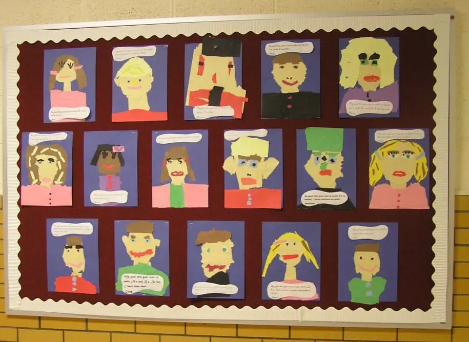 End of year goals bulletin board with torn paper self-portraits