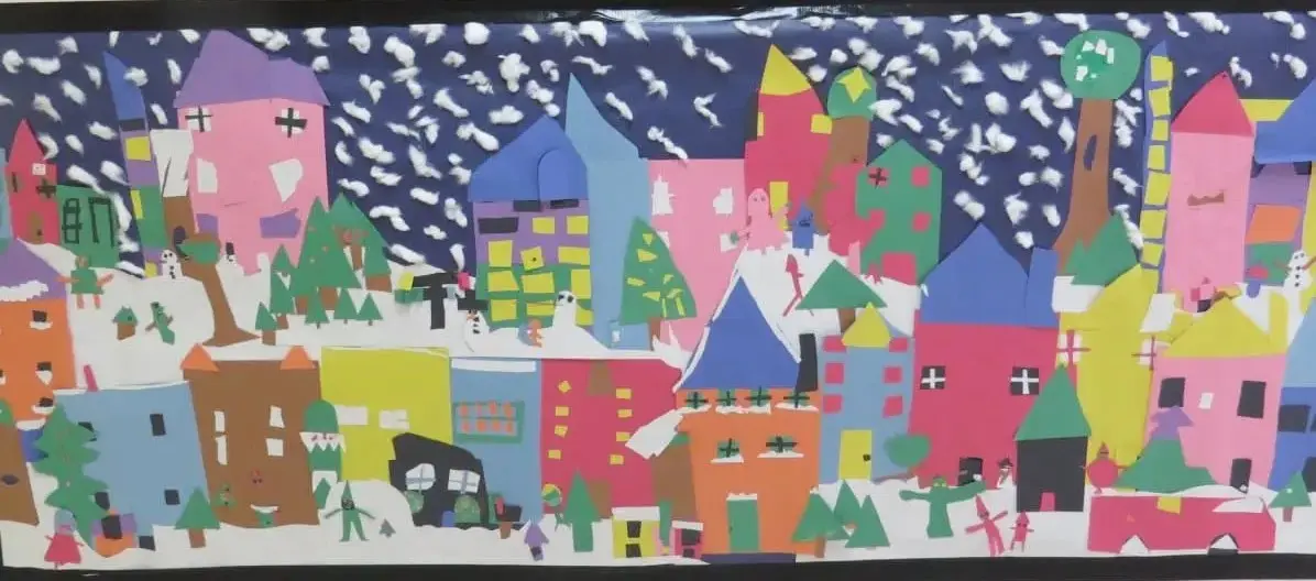 Snowy Day mural close-up showing colorful student sections