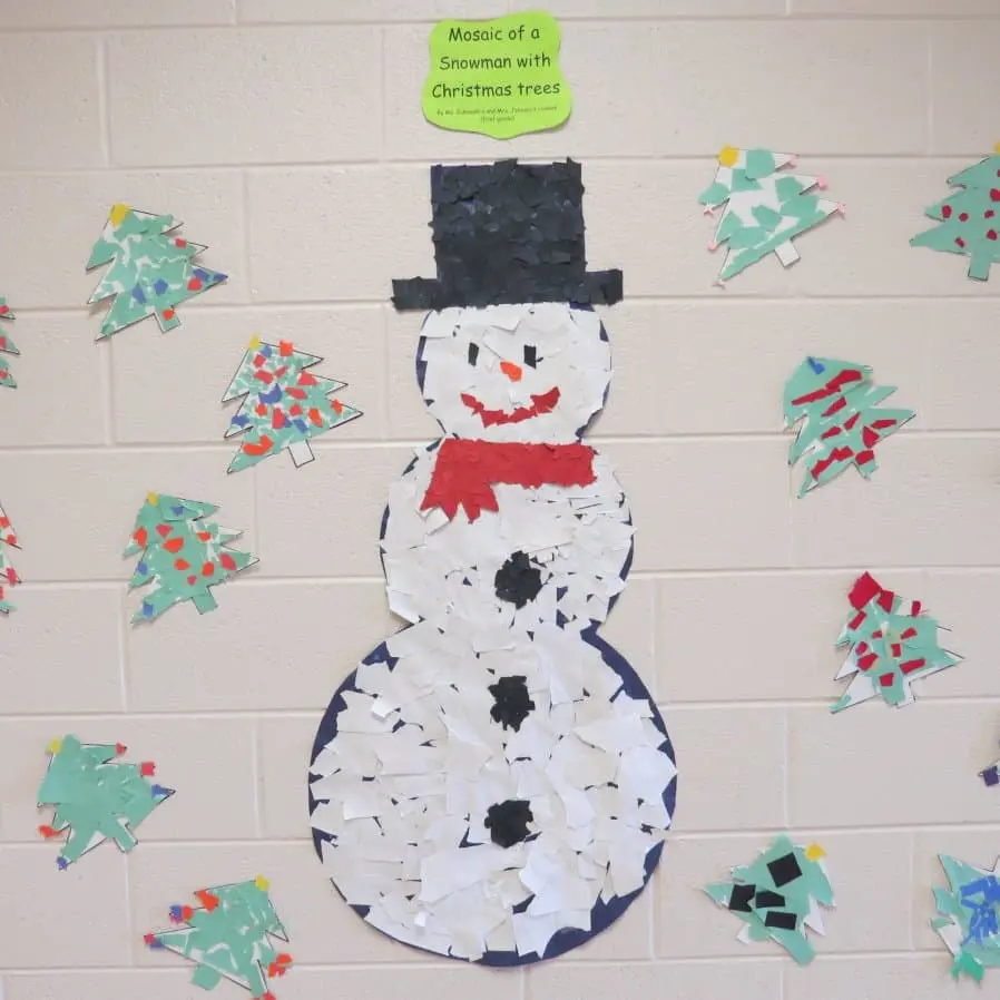 Kindergarten mosaic snowman with Christmas trees