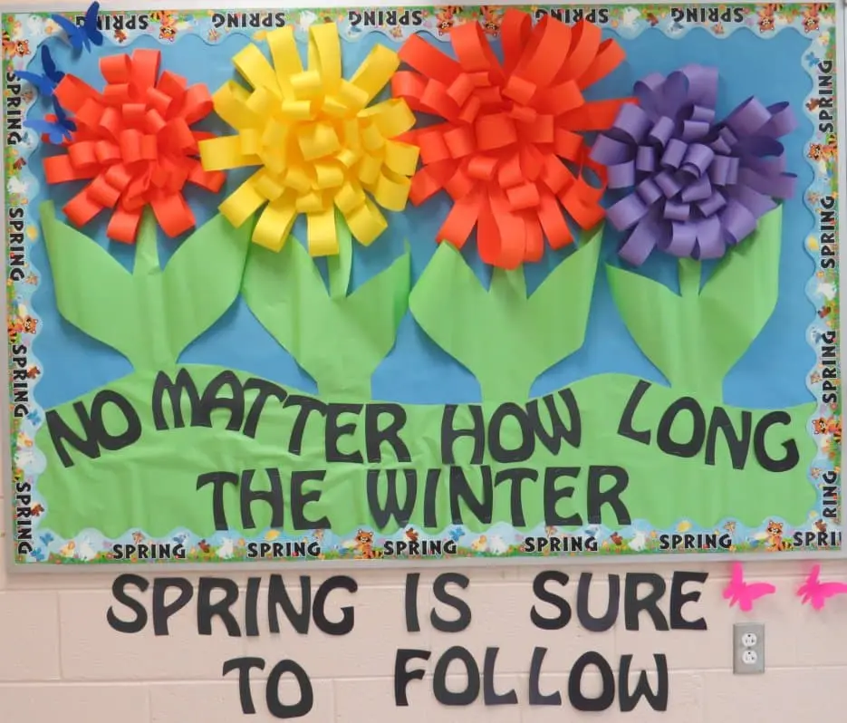 Spring flowers made from strips of bulletin board paper