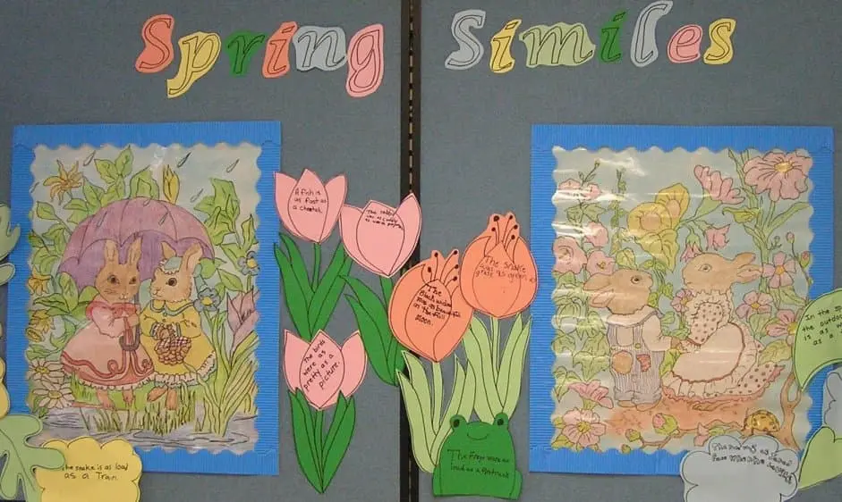 Spring similes written on flower and frog shapes