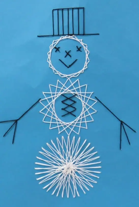 Close-up of string art snowman