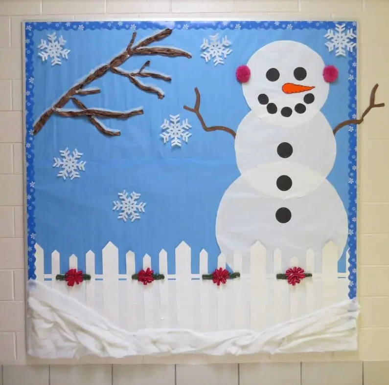 Snowman bulletin board with 3D snow at the bottom