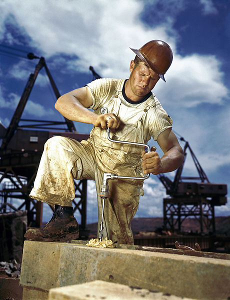 1942 photograph of carpenter at work on Douglas Dam, Tennessee 