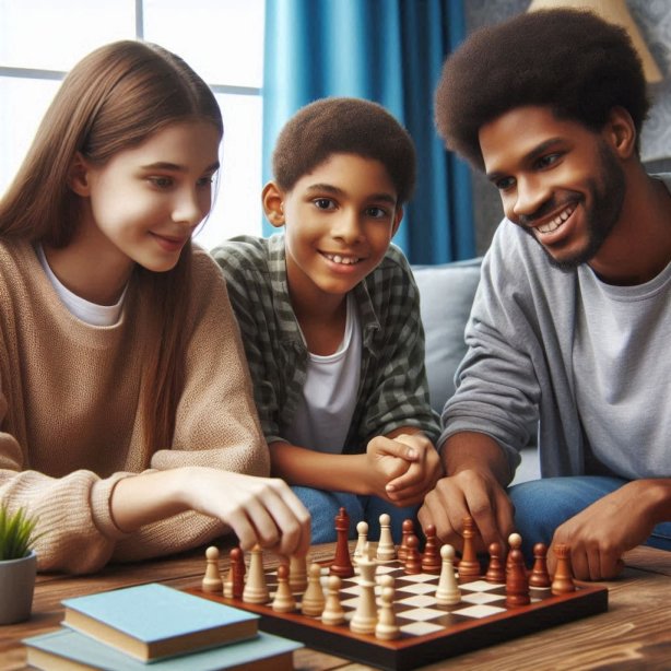 father and teens playing a game