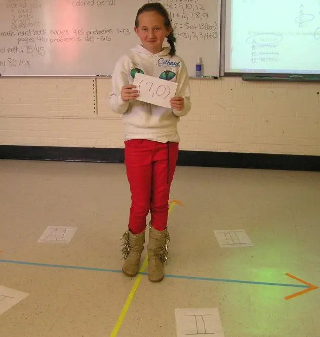 Life-sized coordinate grid made with colorful tape on classroom floor