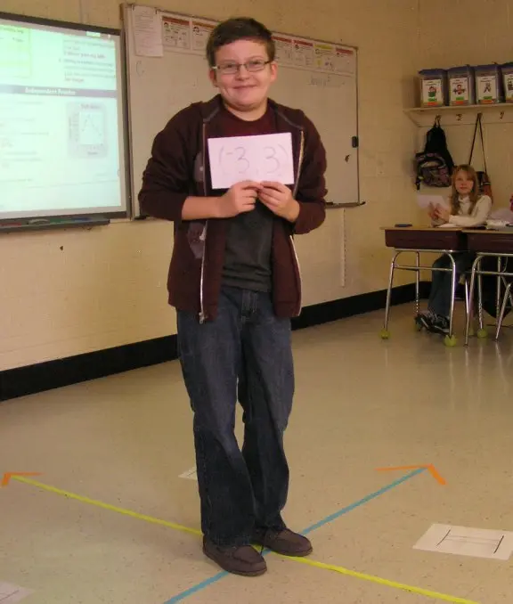 Students standing on ordered pairs on a floor-tile coordinate grid