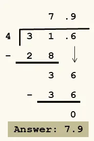 Long division example showing 31.6 divided by 4 equals 7.9