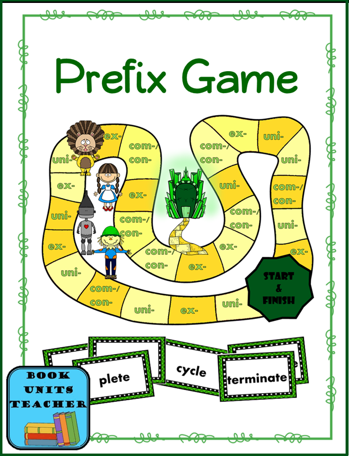 This trail game themed on The Wizard of Oz practices with the prefixes con-/com-, uni-, and ex-.