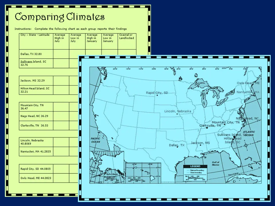 Comparing climates project handout with US map