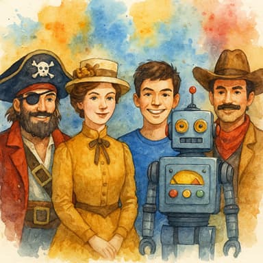 Characters - Pirate, Victorian Lady, Modern Teen, Cowboy, and Robot