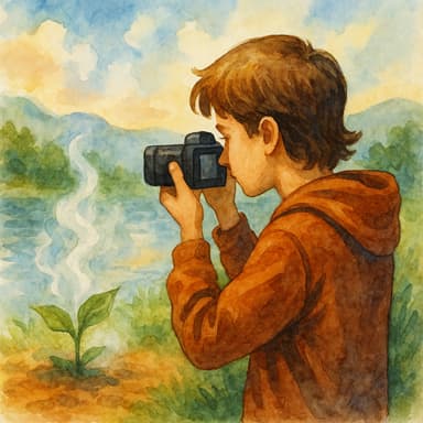a middle school student photographing a nature scene with water, earth, and steam rising from a leaf, subtly weaving in the meanings of hydr, geo, and therm

