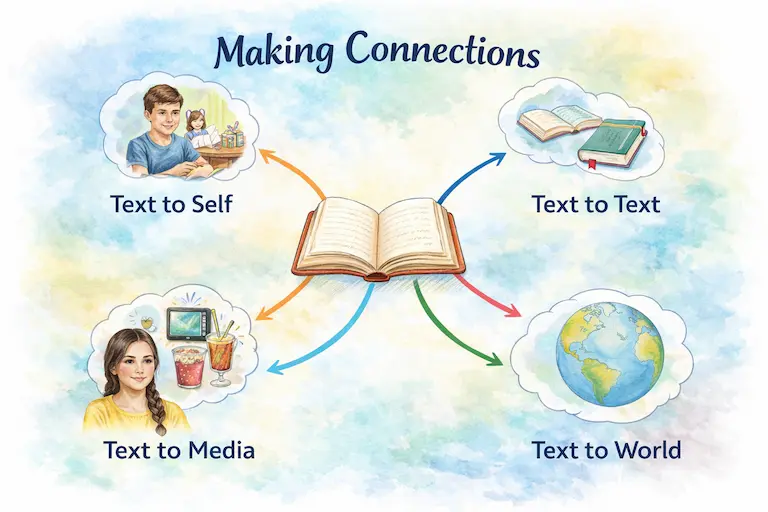 Infographic showing four types of text connections: self, text, media, and world